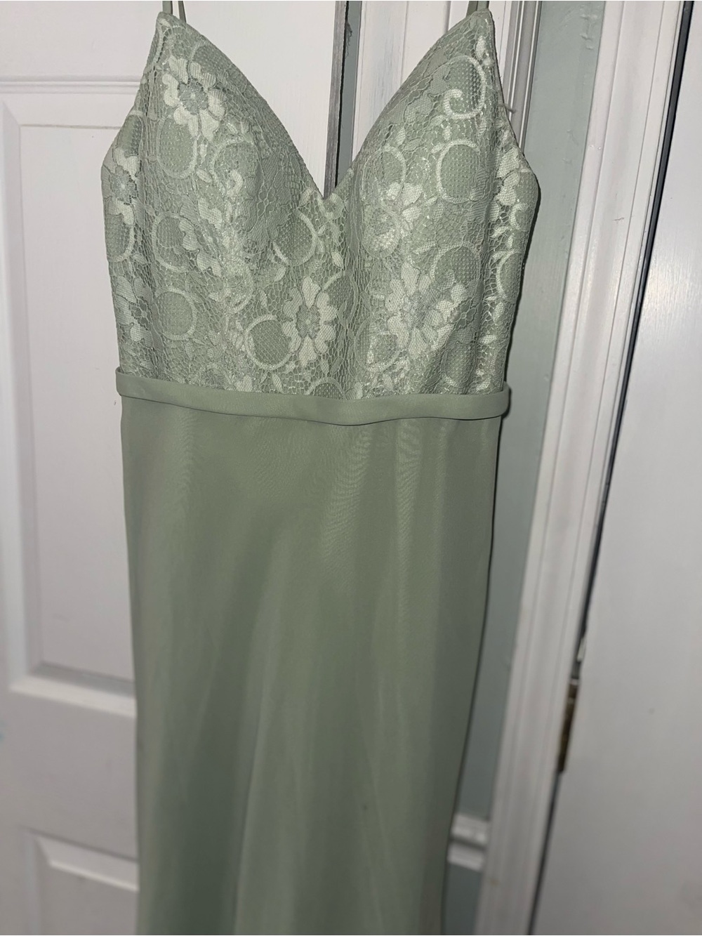 Strapless Sage Lace Bodice Evening Dress